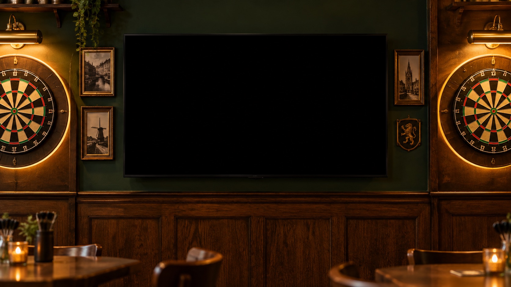 A TV between two dartboards in a cosy pub
